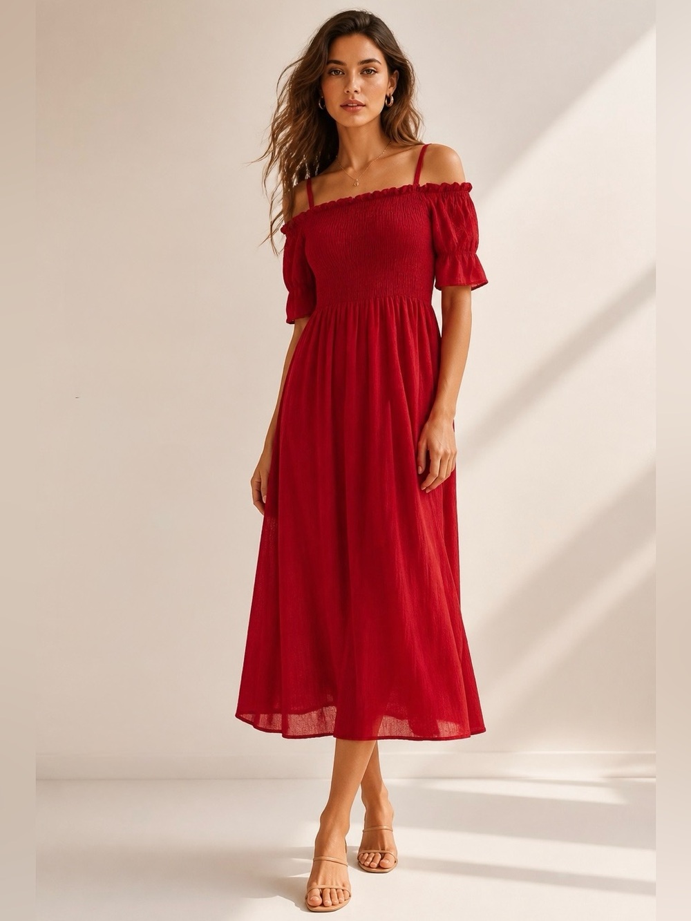 Red Smocked Midi Dress - Women Dresses